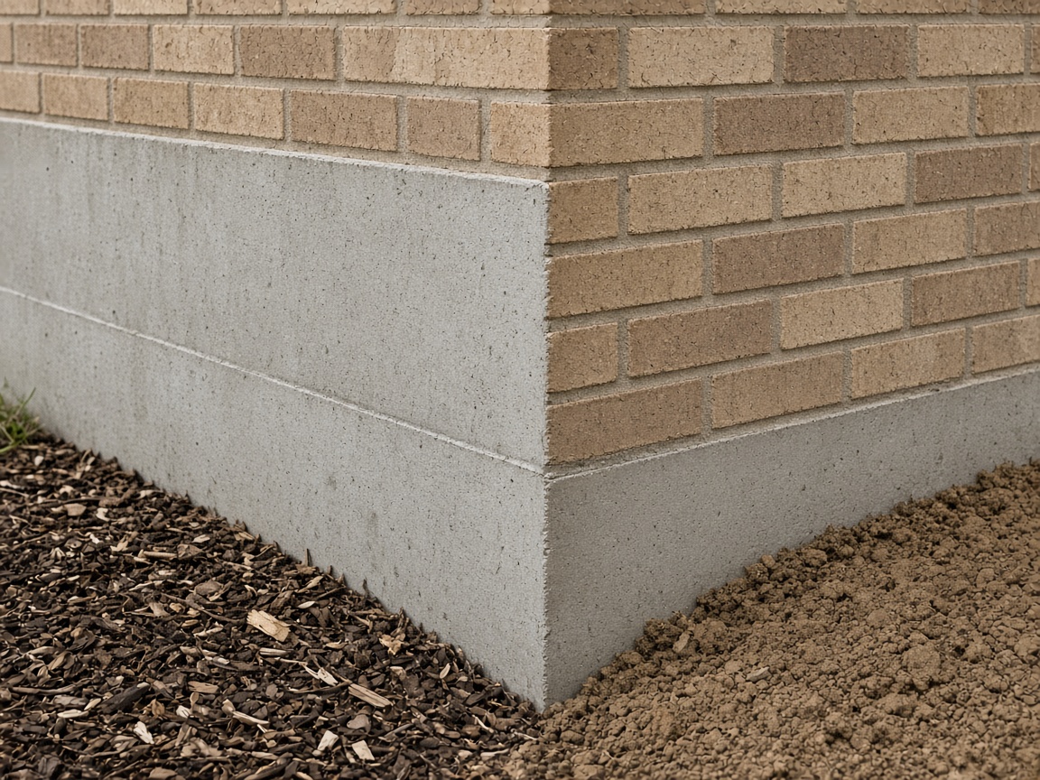 Clean foundation corner where brick meets a sealed door threshold