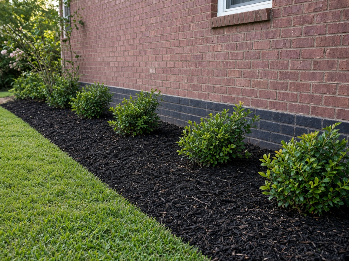 Mulch planting edge running along a brick foundation