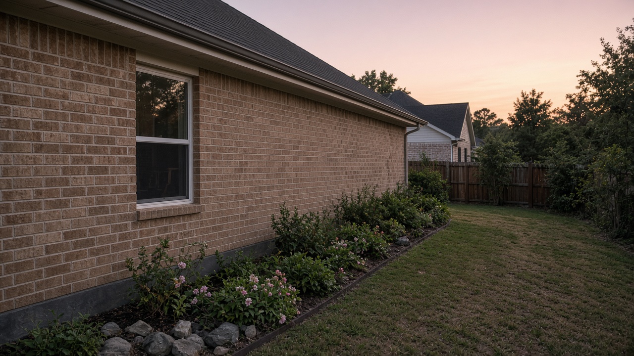 Houston home perimeter and foundation landscaping at dusk